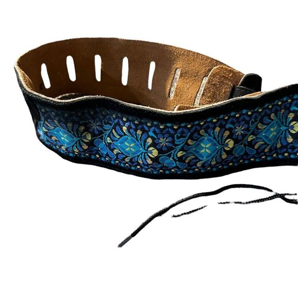 Boho Black Suede and Blue Embroidered Fabric Tie Belt - Picture 3 of 6